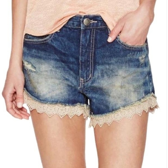 Free People Distressed Lace Trim Denim Shorts - Picture 1 of 4
